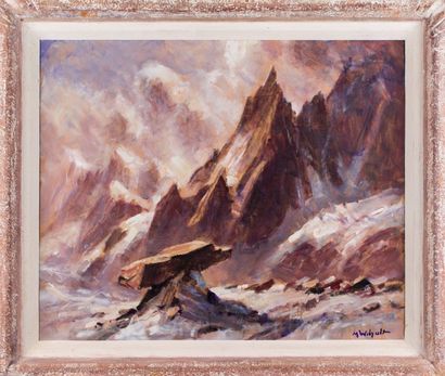 Marcel WIBAULT (1905-1998) Chamonix, Table du glacier devant la dent du requin.
Huile...
