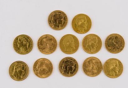 Douze pièces de 20 FR or: 6 IIIème République,...