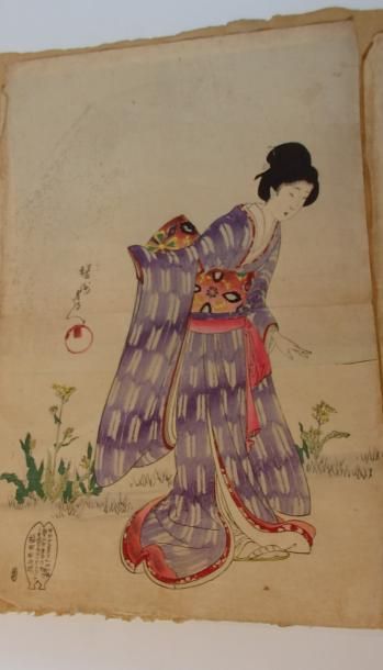 Japon, HIOSEN Trois estampes représentant deux geishas et un paysage. 37x25 cm e...