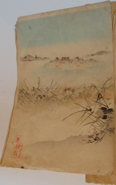 Japon, HIOSEN Trois estampes représentant deux geishas et un paysage. 37x25 cm e...