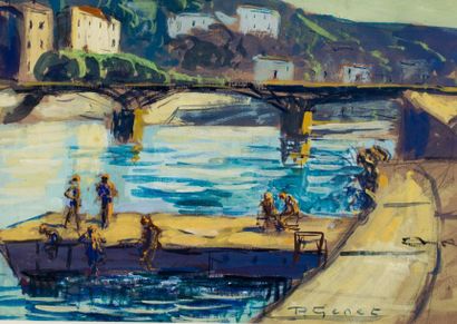 Paulette GENET (1892-1983) Lyon, Baignade dans le fleuve.
Gouache signée en bas à...