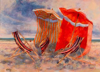 Michel KING (1930) Les tentes rouges.
Huile sur toile signée en bas à gauche. 52...