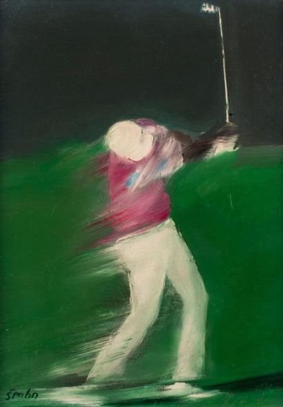Victor SPAHN (1949) Le golfeur.
Huile sur toile, signée en bas à gauche. 24x33 c...