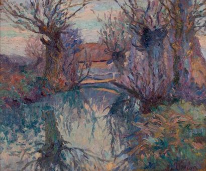 Emmanuel de la VILLÉON (1858-1944) Reflets dans la rivière.
Huile sur toile signée...