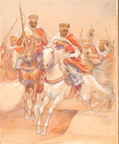 JULES ROUFFET (1862-1931) Hussards et cavaliers arabes.
Deux dessins signés. 48x32...