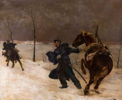 *Henry Louis DUPRAY (1841-1909) Deux cavaliers par temps de neige.
Huile sur toile,...