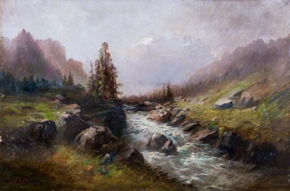 Leberecht LORTET (1826-1901) Torrent Alpin et montagnes.
Huile sur toile, signée...