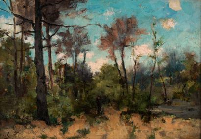 Lucien FRANCK (1857-1920) Paysage de sous-bois animé.
Huile sur toile, signée en...