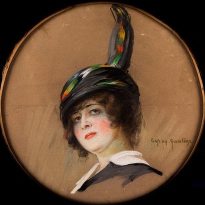 Suzanne AUFRAY GENESTOUX (XIX-XXème) Portrait d'une élégante au chapeau à plumes,...