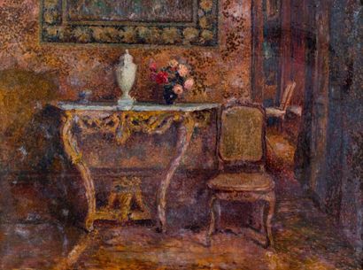 Georges AUFRAY (XIX-XXème) La console du salon.
Huile sur toile. 55x70 cm. Etiquette...
