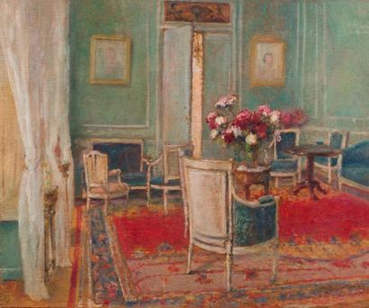 Georges AUFRAY (XIX-XXème) Le grand salon.
Huile sur panneau. 35x40 cm
Provenance:...