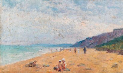 Georges AUFRAY (XIX-XXème) Ensemble de deux paysages: Plage animée.
Huile sur toile...