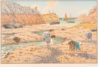 Henri RIVIERE (1864-1951) Le port de Loguivy à marée basse.
Lithographie couleur...