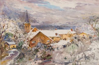 Marthe CHAMBARD-VILLON (1899-1992) Eglise sous la neige.
Aquarelle signée en bas...