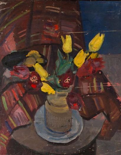 Antoine CHARTRES (1903-1968) Bouquet de tulipes jaunes.
Huile sur toile. Cachet de...
