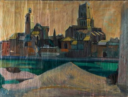 Antoine CHARTRES (1903-1968) Italie, ville au bord de fleuve.
Huile sur toile. Cachet...