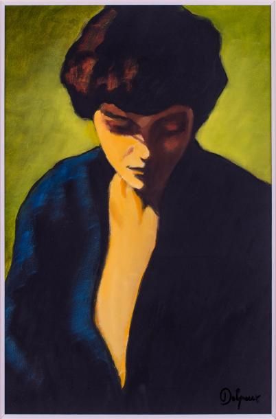 Dominique DELPOUX (1962) Femme en noir.
Huile (sur papier) signée en bas à droite.
48,5x32...