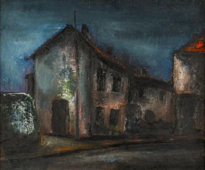 EVARISTO (1923-2009) Saint-Fons, Maison éclairée par un réverbère.
Huile sur toile...