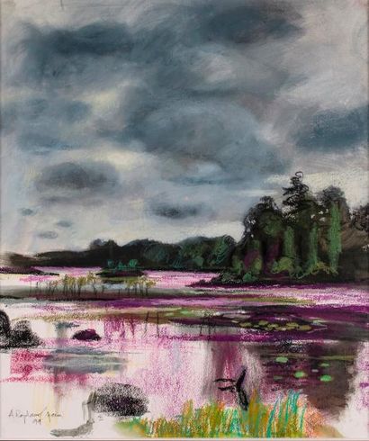 null Alfred ROZELAAR GREEN (1917-2013). Ciel gris, lac, Suède. Pastel gras signé...