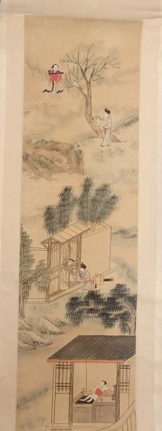 null Chine. Rouleau en papier peint de scènes animés. XIXème siècle. (Usures)