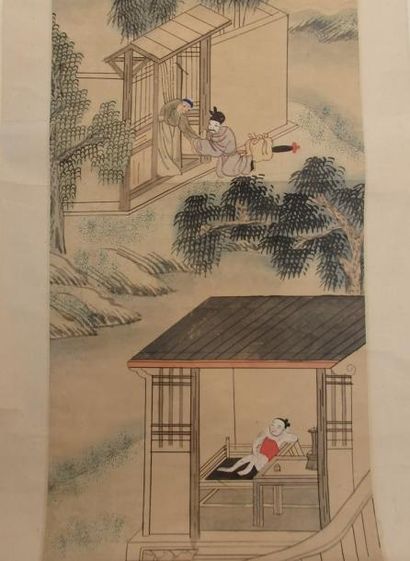 null Chine. Rouleau en papier peint de scènes animés. XIXème siècle. (Usures)