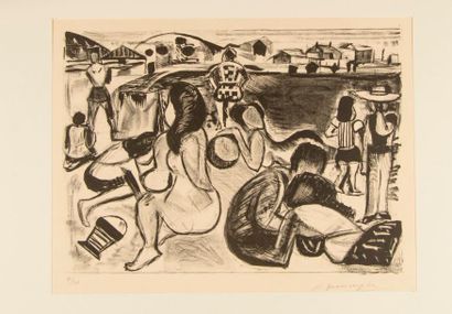 François DESNOYER (1894-1972). La plage. Lithographie noir et blanc, signée en bas...