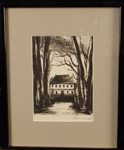 MAURICE DE VLAMINCK (1876-1958). Maison à la campagne. Lithographie noir et blanc.26x20...