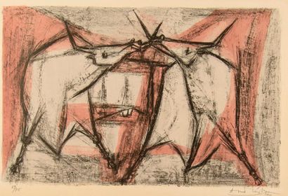 null Deux lithographies: André VERDET (1913-2004). Composition en noir et brun, signée...