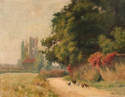 Georges MOULLADE (1893-1968). Poules sur un chemin. Huile sur toile, signée en bas...