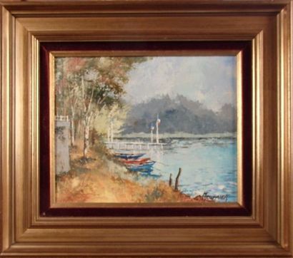 Claude MOURIER (1930). Le ponton. Huile sur toile signée en bas à droite. 27x22 ...