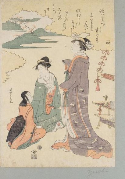 null JAPON. Estampe de Chobunsai Eishi (1756-1829), 

Aiban tate-e, femmes devant...