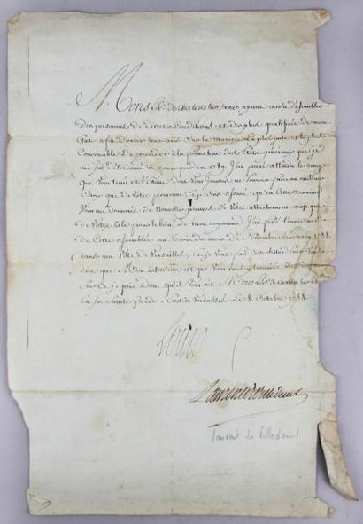 LOUIS XVI (1754-1793) Pièce signée Louis, de Versailles le 8 Octobre 1788; contresignée...