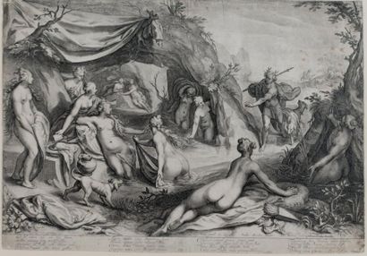 Paulus MOREELSE (1571-1638) d'après Diane et Actéon.
Gravure. 37,5x53,5 cm. Enca...