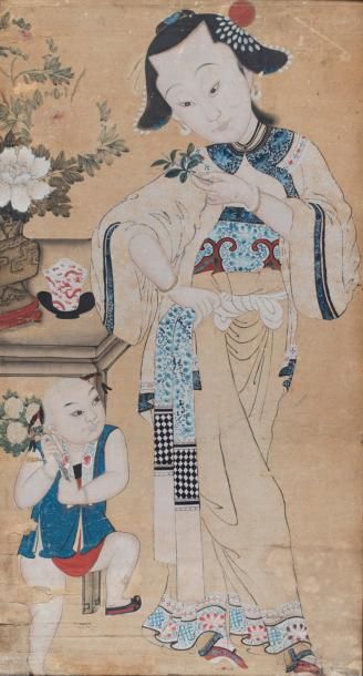 CHINE, début du XXème siècle Deux peintures à l'encre et couleur sur papier représentant...