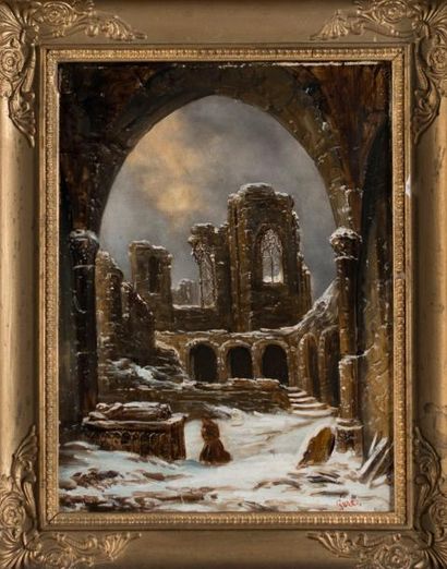 Alexandre GERE (1807 -?) Ruines animées d'un monastère sous la neige.
Huile sur toile...