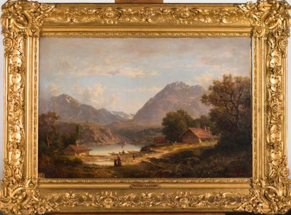 Claude Antoine PONTHUS-CINIER (1812 - 1885) Chalets animés au bord d'un lac alpin.

Huile...
