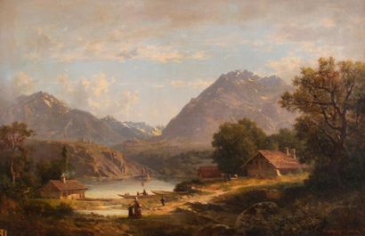Claude Antoine PONTHUS-CINIER (1812 - 1885) Chalets animés au bord d'un lac alpin.

Huile...