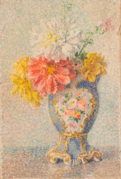 Suzanne AUFRAY GENESTOUX (XIX-XXème siècle) Le vase de Sèvres au bouquet de dahlias.
Huile...