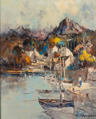 Christophe CHARPIDES (1909 - 1992) Port de pêche en automne.
Huile sur toile signée...