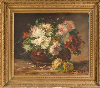 C. DETONGRES Bouquet de chrysanthèmes.
Huile sur toile signée en bas à droite. 54x65...