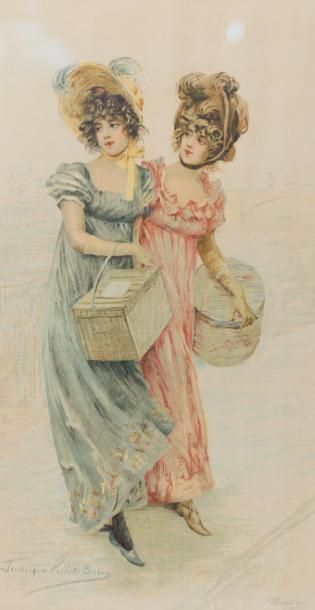 Frederique VALLET-BISSON (1865-?) Elégantes au panier. Lithographie couleur signée...