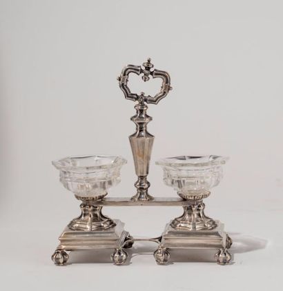null Salière double en cristal et argent, poinçon Minerve, 1er titre. XIXème siècle....