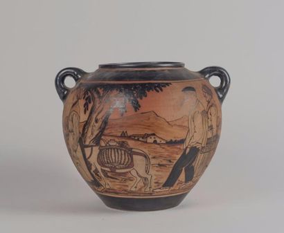 CIBOURE Vase en céramique à décors de paysan et animaux de la ferme. H: 28 cm - Diam:...