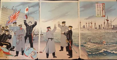 JAPON Important ensemble d'estampes en couleur relatant la guerre Japon/Russie de...