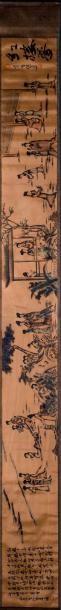 CHINE, XXème siècle Rouleau à décor imprimé de scènes animées dans des jardins, des...