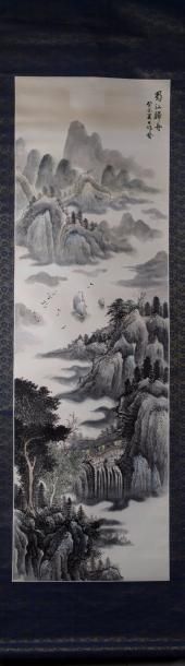 CHINE Peinture en rouleau à l'encre et couleur sur papier, à décor de paysage de...
