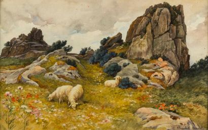 Elisabeth SONREL (1874-1953) Moutons dans la lande.
Aquarelle, signée en bas à droite.
31,5x50...
