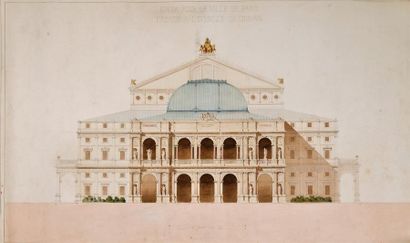 François Joseph UCHARD (1809-1891) "Opéra pour la ville de Paris". Façade. Plan aquarellé,...