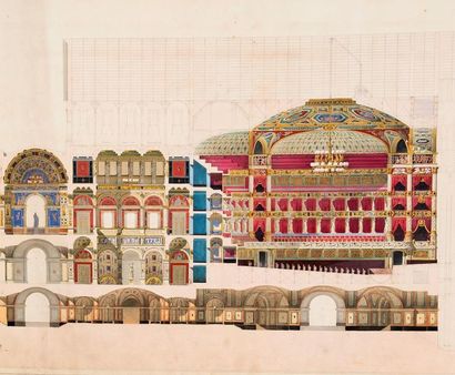 François Joseph UCHARD (1809-1891) "Projet d'un théâtre. Coupe longitudinale". Plan...
