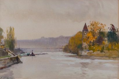 Eugène VILLON (1879-1951) L'île Barbe.
Aquarelle, signée en bas à gauche et datée...